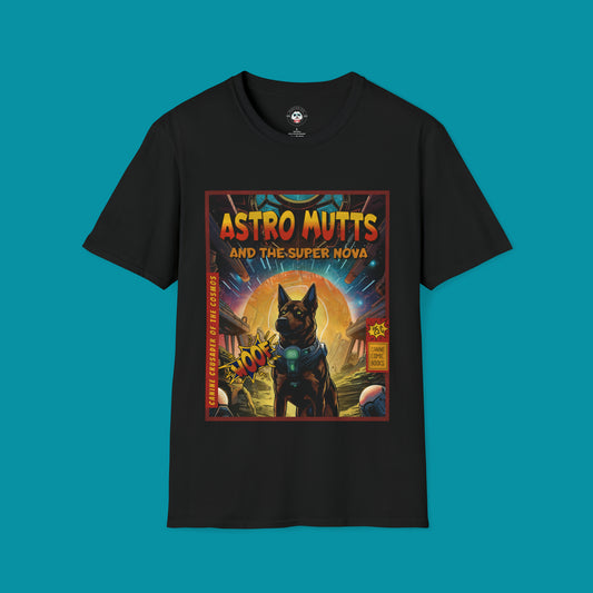 Comic book cover black t-shirt with dogs as superheroes