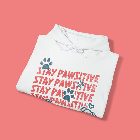 Stay pawsitive white unisex dog lovers hoodie Mockup