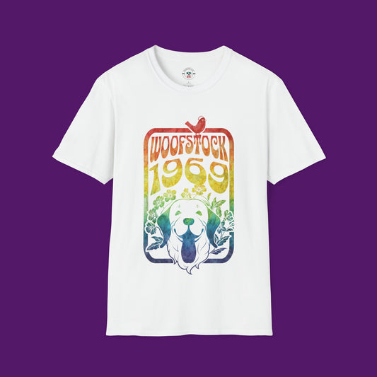 Woofstock 1969 white tshirt featuring dog mock-up
