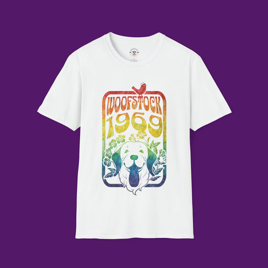 Woofstock 1969 white tshirt featuring dog mock-up 