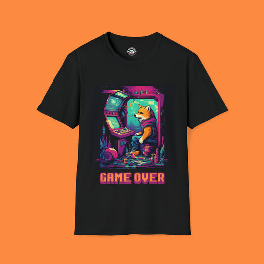 Game over t-shirt with graphic of a dog playing retro arcade games