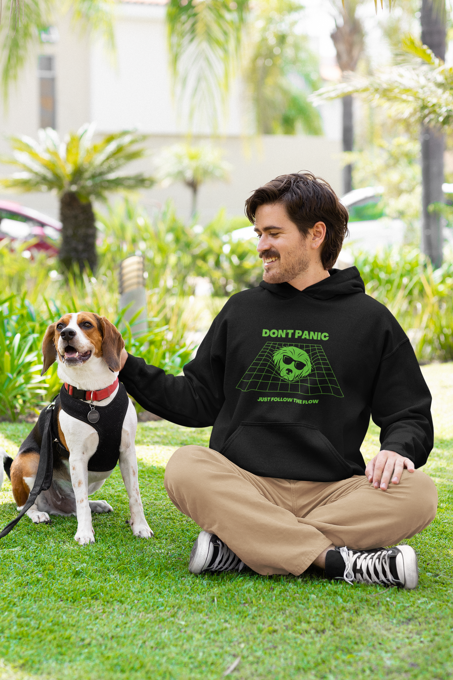 Main with his cute dog wearing Don’t panic - black hoodie