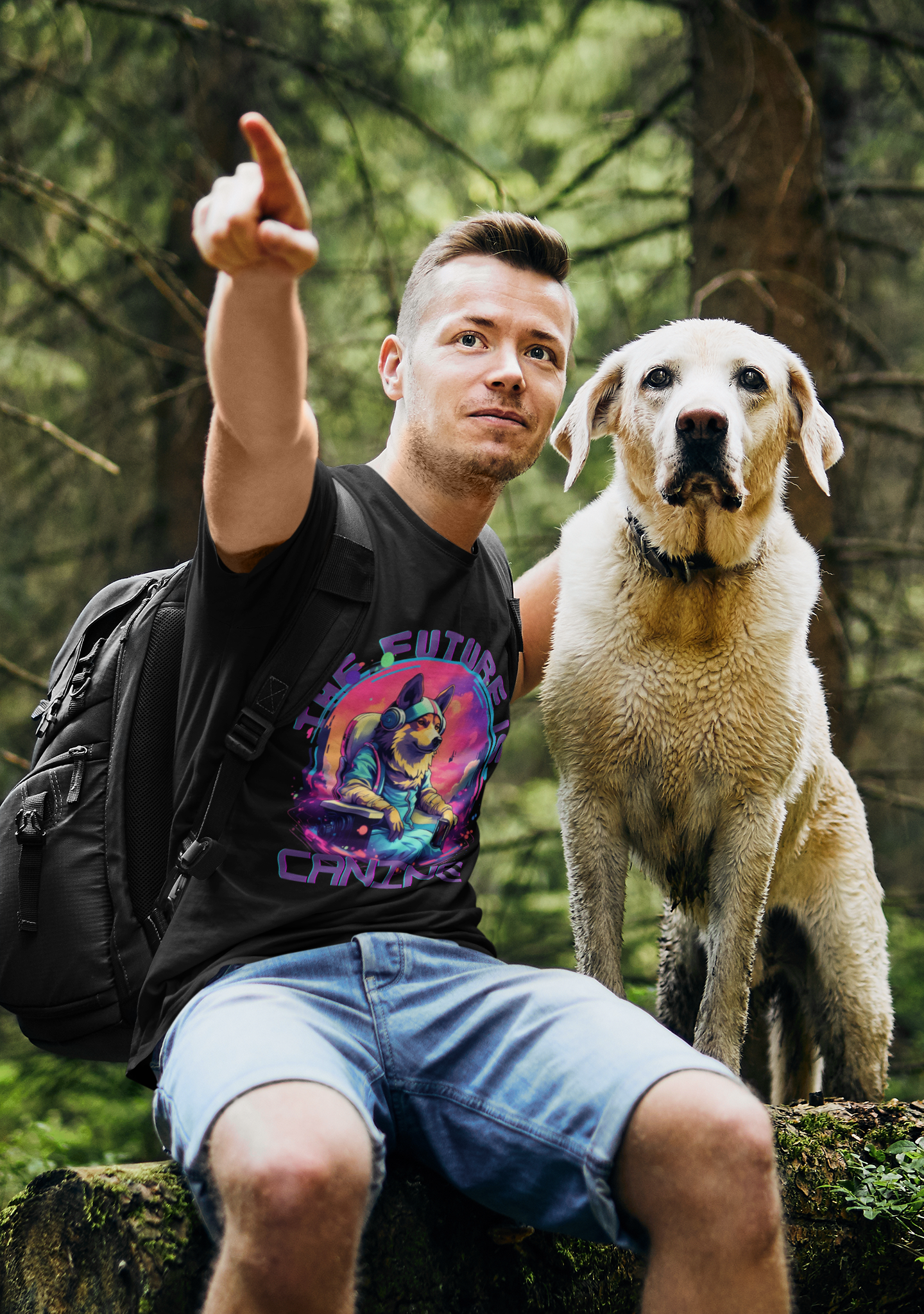Man wearing cyberpunk tshirt and posing with his dog