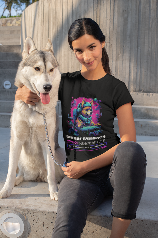 Woman wearing Canine cyborgs - black tshirt and posing with her cute dog