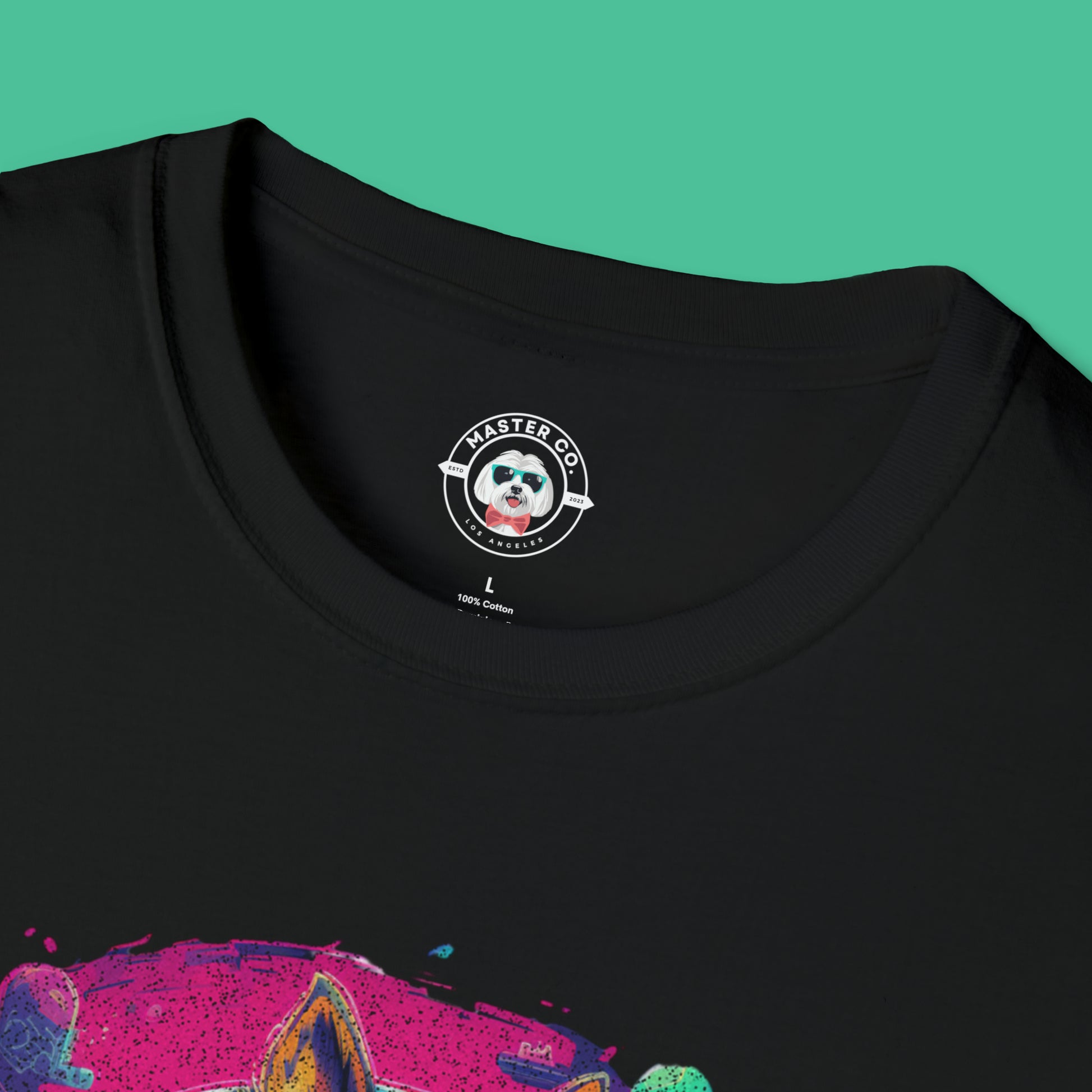 Canine cyborgs - black tshirt mock-up Closeup