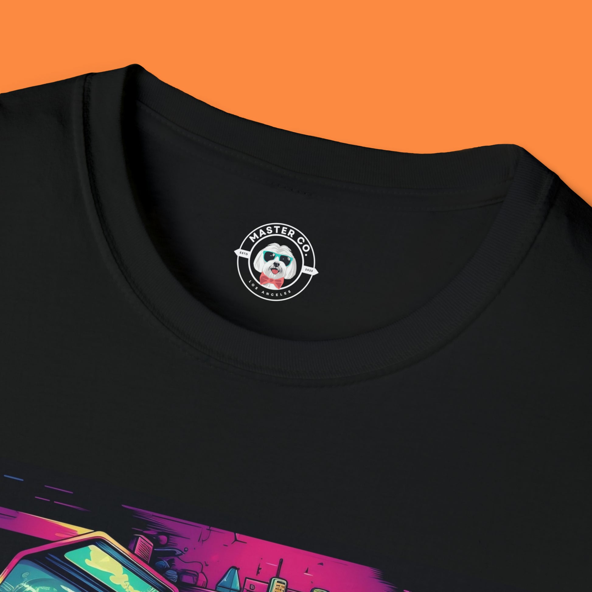 Game over t-shirt with graphic of a dog playing retro arcade games Closeup view