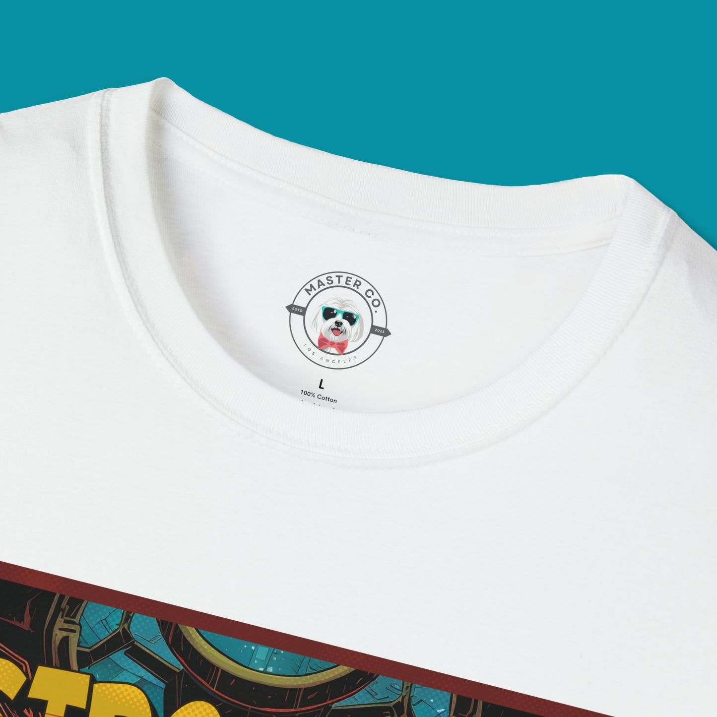 Comic book cover t-shirt with dogs as superheroes Closeup