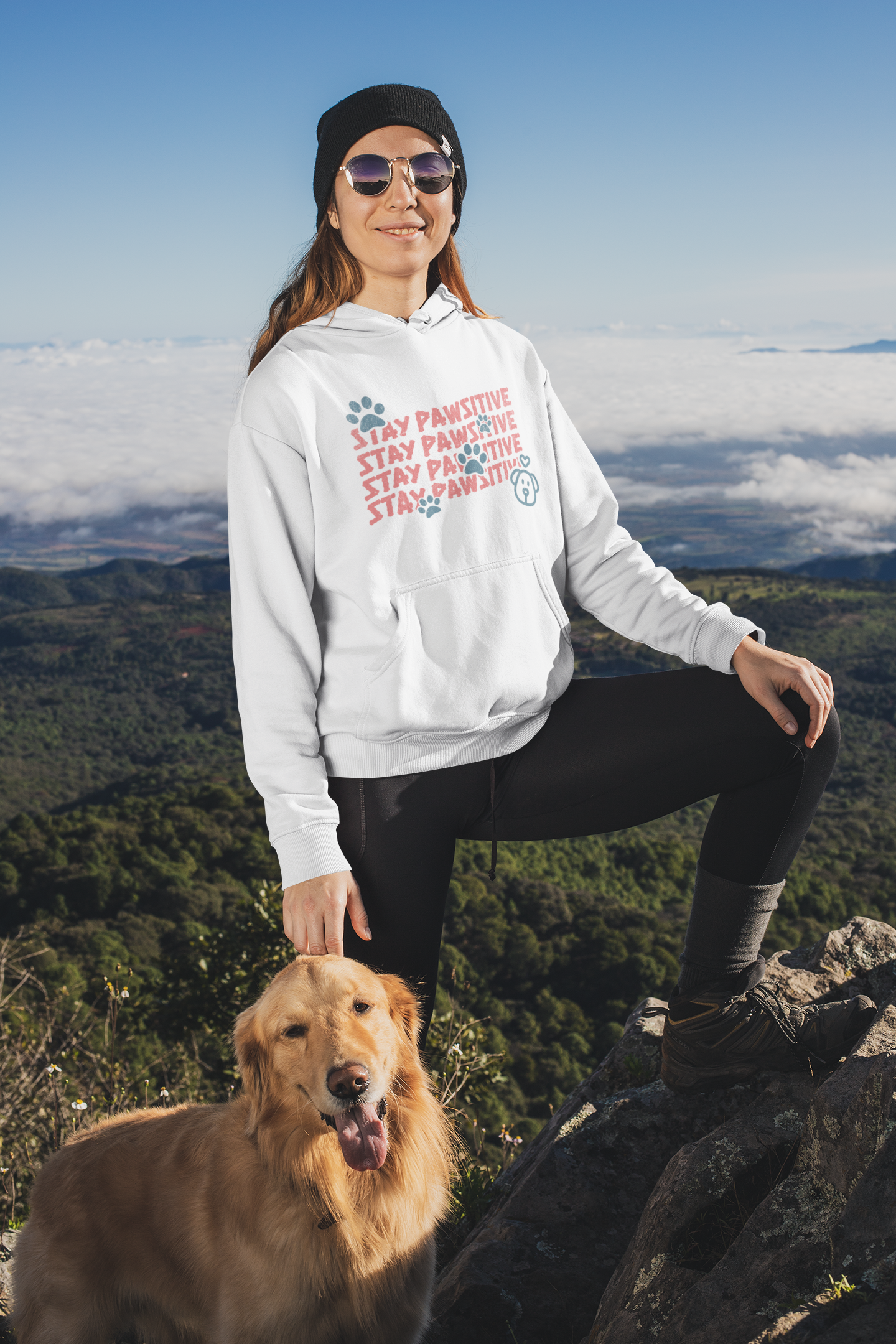 Stay pawsitive white hoodie photo of a woman with her cute dog