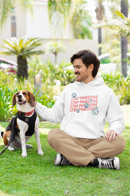 Stay pawsitive white hoodie photo of a man with his cute dog