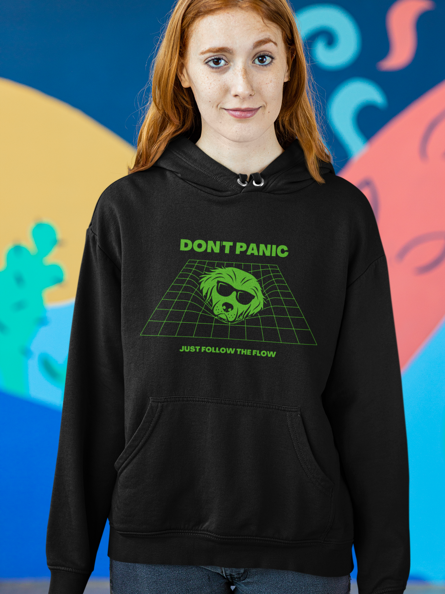 Girl wearing Don’t panic - black hoodie mockup