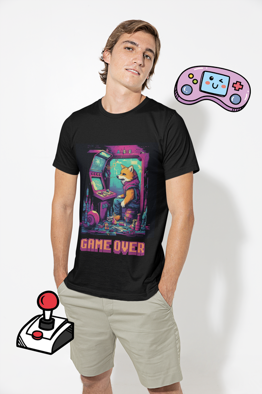 Game over t-shirt with graphic of a dog playing retro arcade games