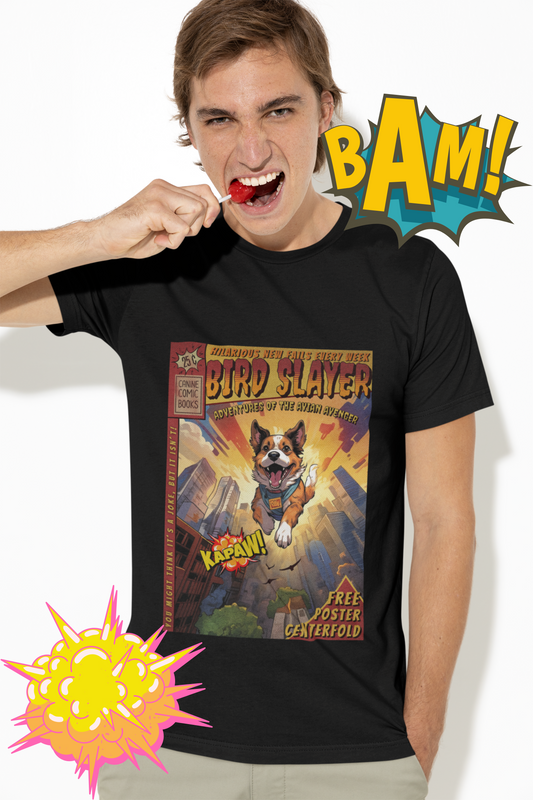 Guy wearing Dog super hero Comic book cover black tshirt