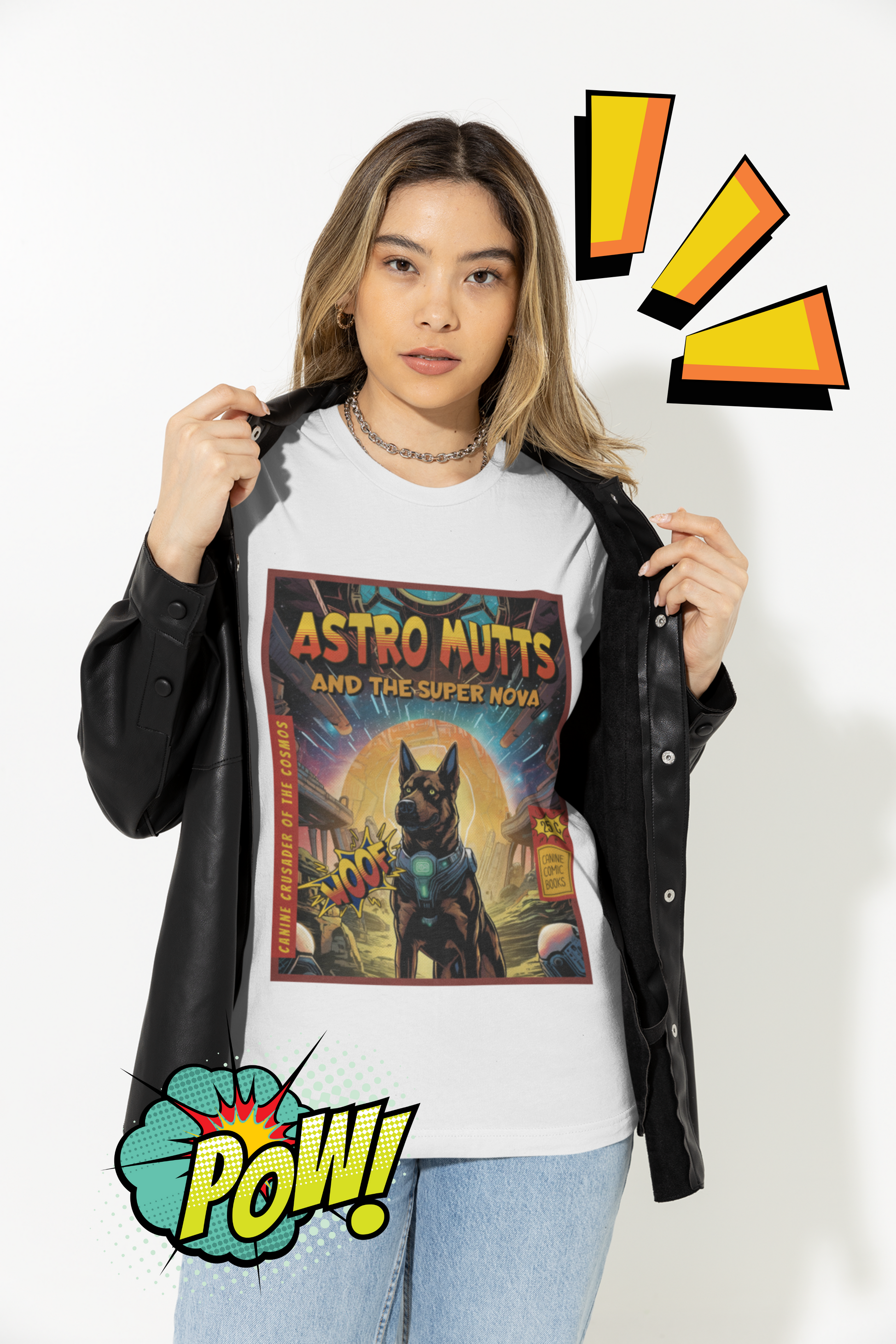 Comic book cover t-shirt with dogs as superheroes 