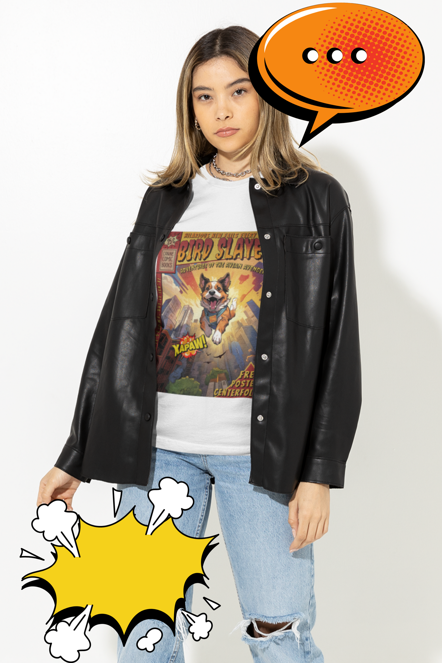 Dog girl wearing super hero Comic book cover white tshirt