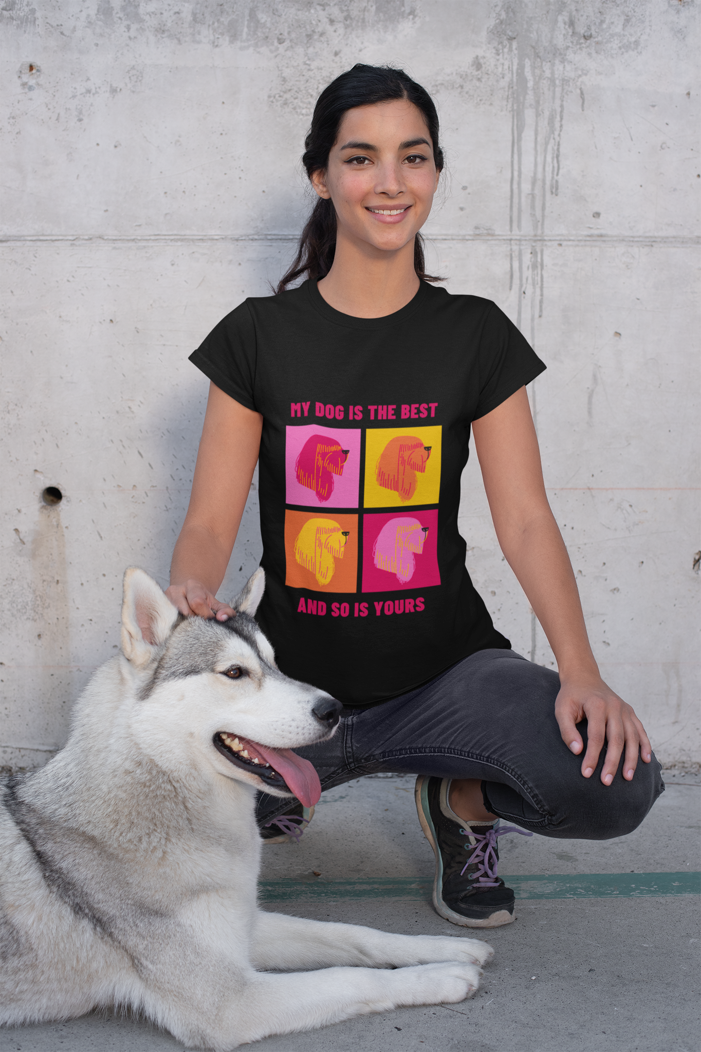 My dog is the best - women’s black tshirt dog mom posing with her cute dog