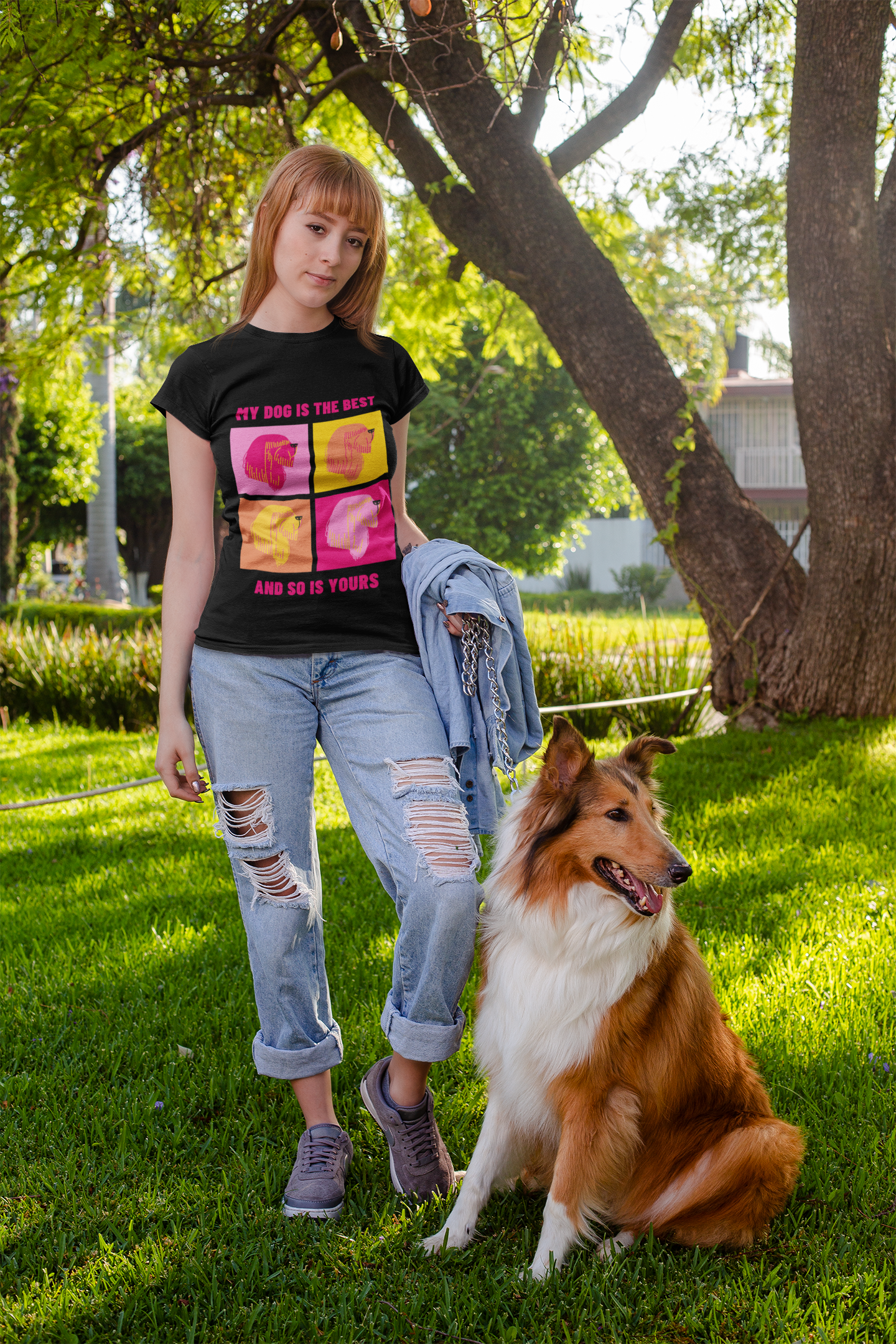 My dog is the best - women’s black tshirt dog mom posing with her cute dog