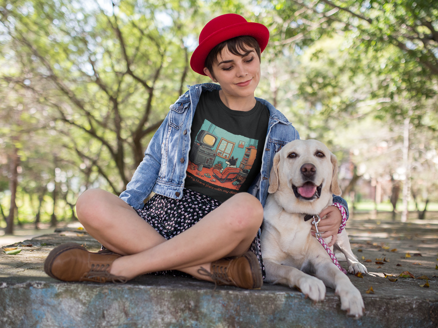 Girl chilling with her dog wearing Retro graphic t-shirt with the words sorry I have plans with my dog