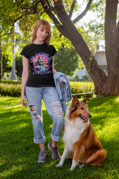 Woman wearing futuristic tshirt and posing with her dog