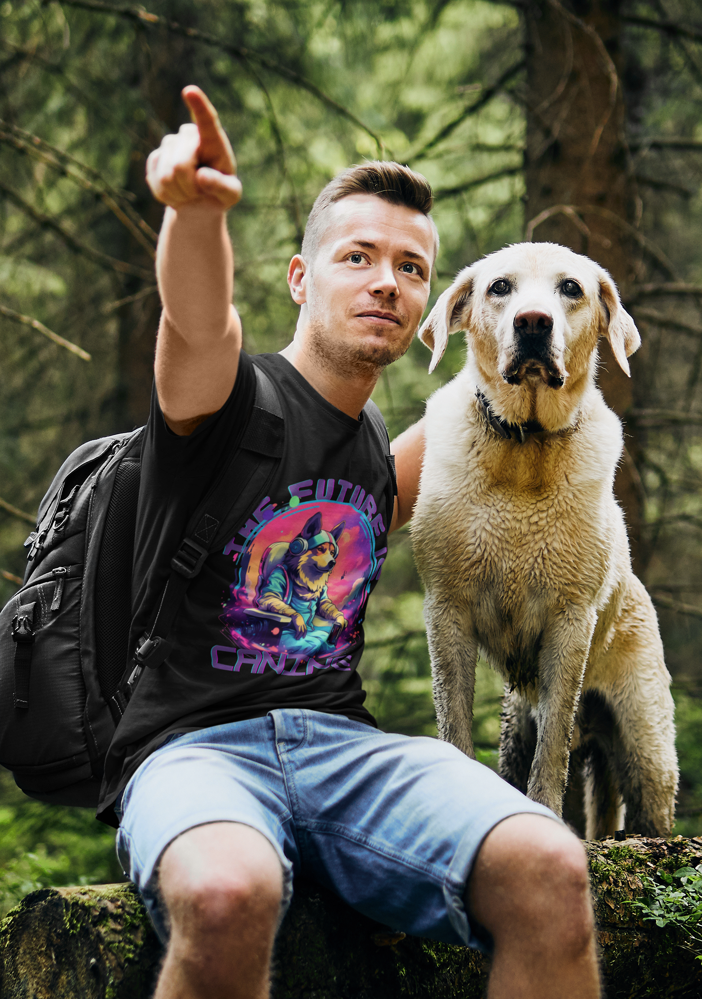 Man wearing cyberpunk tshirt and posing with his dog 