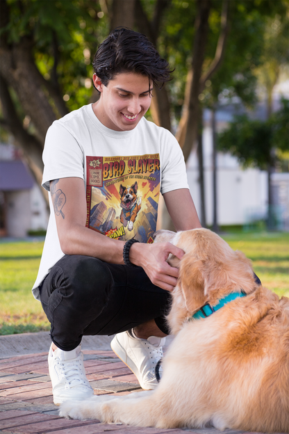 Guy wearing Dog super hero Comic book cover white tshirt