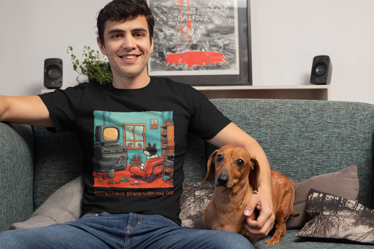 Guy chilling with his dog on the couch wearing Retro graphic t-shirt with the words sorry I have plans with my dog