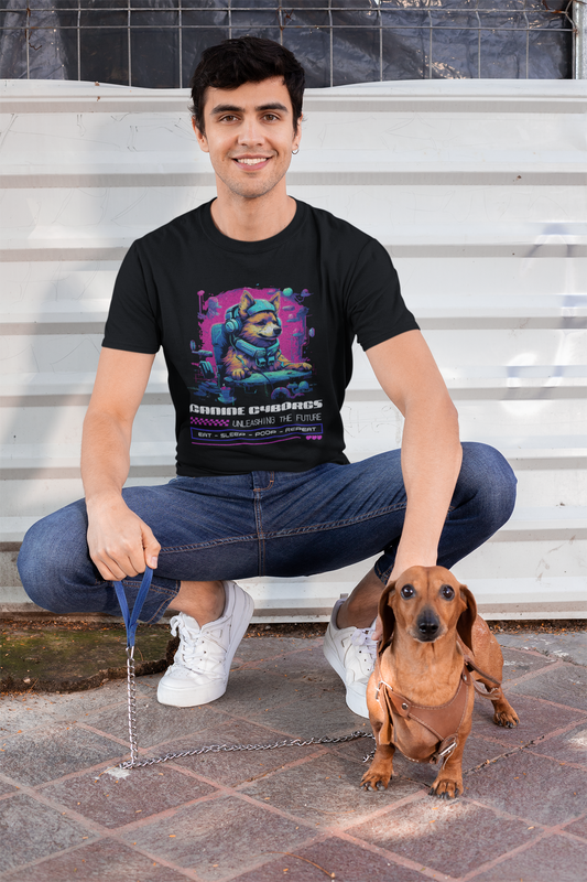 Woman wearing Cyberpunk style black tshirt and posing with his cute dog