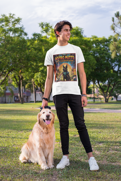 Guy posing with his dog wearing Comic book cover t-shirt with dogs as superheroes