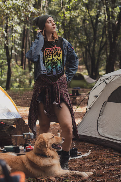 Girl camping with her dog wearing Woofstock 1969 black tshirt featuring dog