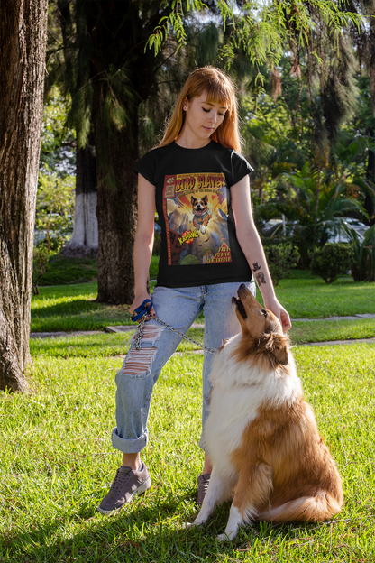 Girl wearing Dog super hero Comic book cover black tshirt