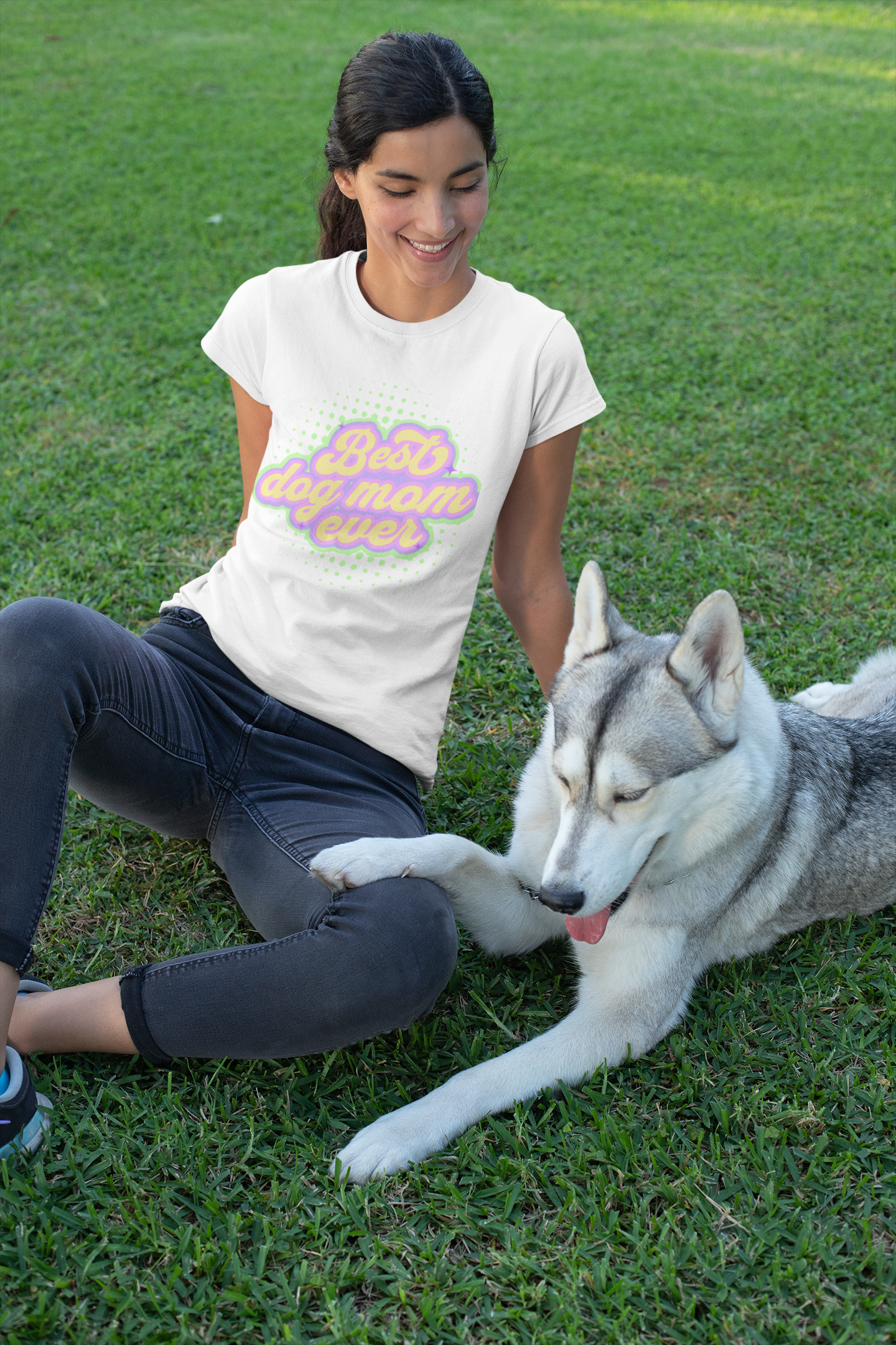 Best dog mom ever - white tshirt woman posing with her cute dog