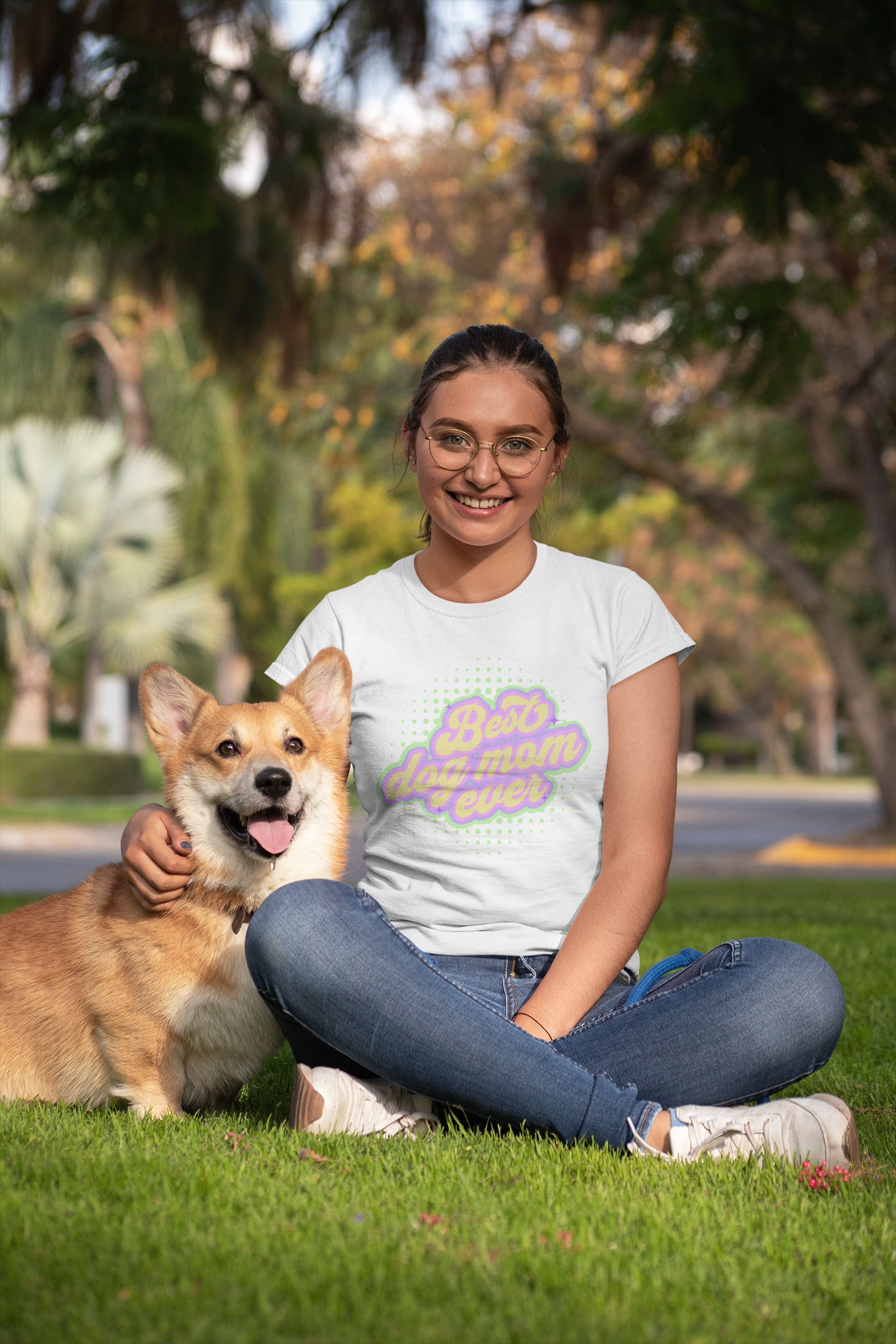 Best dog mom ever - white tshirt woman posing with her cute dog