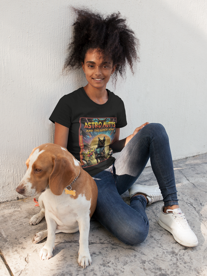 Girl posing with her dog wearing Comic book cover t-shirt with dogs as superheroes